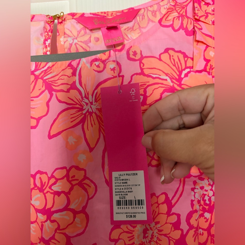 NWT Lilly Pulitzer Pink and Orange Floral Barbara Puff 3/4 Sleeve Blouse size L - Picture 5 of 7